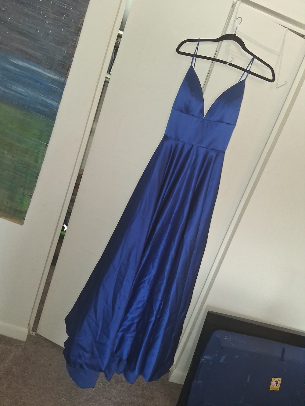 Satin Deep Blue V-Neck Spaghetti Strap Prom Dress